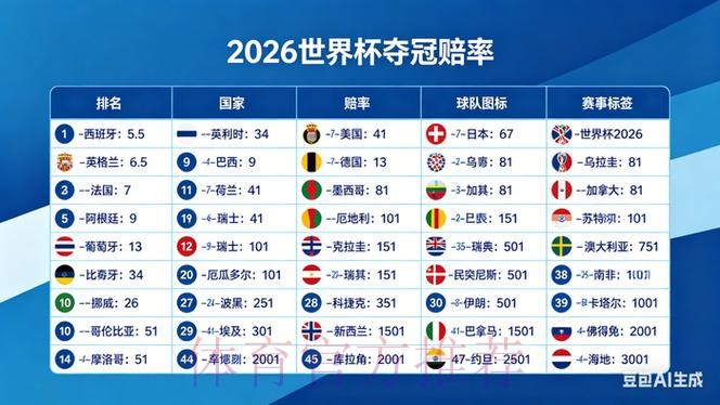 “2026世界杯赔率及预测分析，热门球队排名曝光”